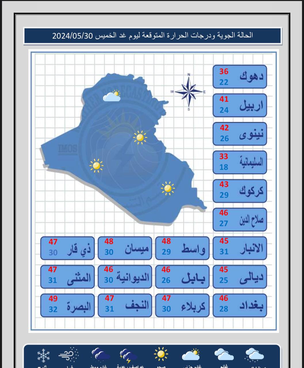 وذكرت الهيئة في تقرير اطلع عليه "ألترا عراق"، أن طقس الأربعاء غائم جزئي مع فرصة لزخات مطر رعدية في أماكت متفرقة من المنطقتين الوسطى والشمالية ودرجات الحرارة مقاربة لأمس الثلاثاء، لكنه صحو مع بعض الغيوم في المنطقة الجنوبية، ودرجات الحرارة ترتفع قليلًا.