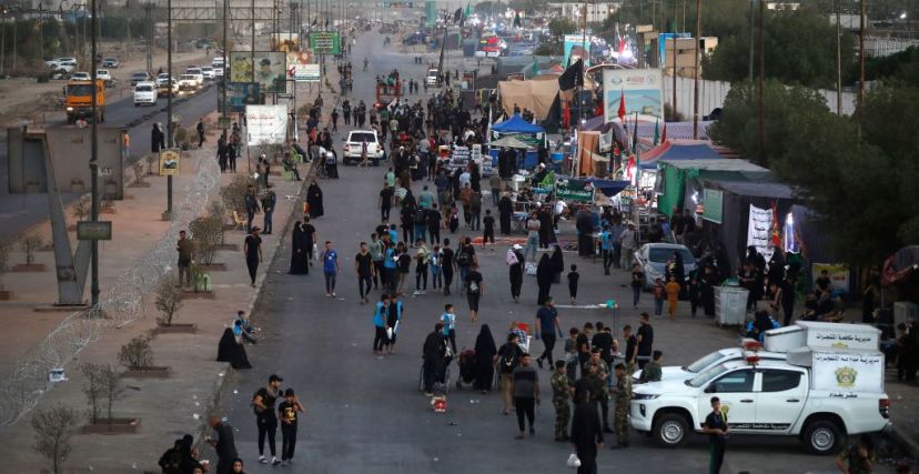 Shiite Muslim pilgrims march from Baghdad towards the shrine city of Karbala on September 3, 2023 ahead of the Arbaeen religious festival, commemorating the seventh-century killing of Prophet Mohammed's grandson Imam Hussein. (Photo by Ahmad AL-RUBAYE / AFP) (Photo by AHMAD AL-RUBAYE/AFP via Getty Images)